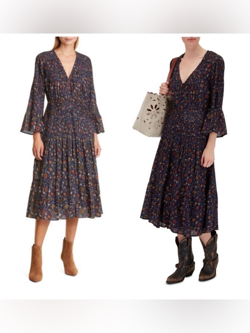 Veronica Beard Shireen Floral Midi Dress Long Sleeve Bell Sleeve NWOT